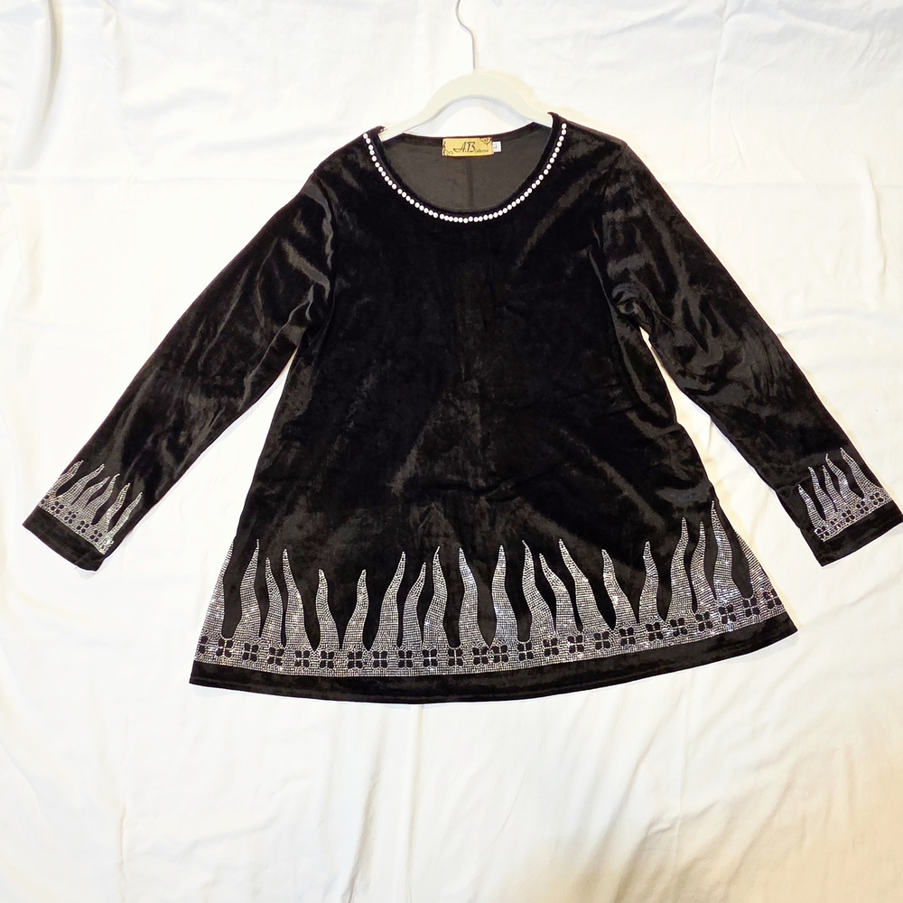Black Velvet Top with Silver Rhinestone Flames